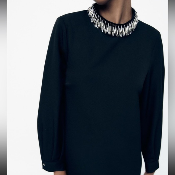 NWT Zara Beaded Collar Mini Black Dress - Picture 2 of 9